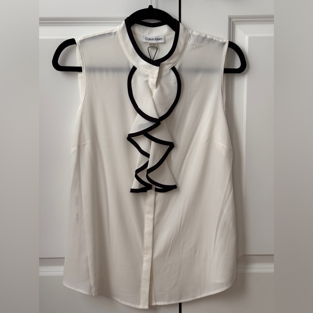 Calvin Klein White Sleeveless Ruffled Blouse with Mandarin Collar